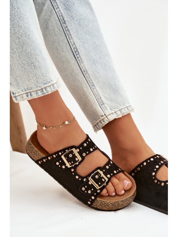 Women s Slippers With Gold Clips and Studs Black Tervina
