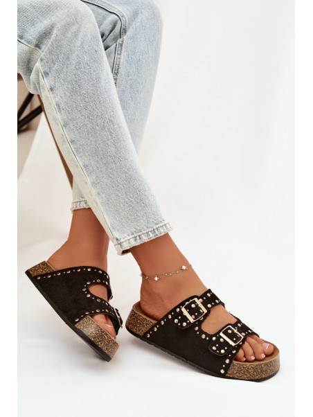 Women s Slippers With Gold Clips and Studs Black Tervina