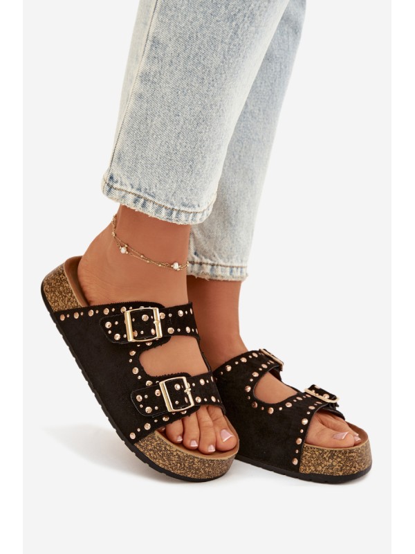 Women s Slippers With Gold Clips and Studs Black Tervina