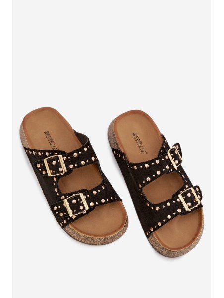 Women s Slippers With Gold Clips and Studs Black Tervina