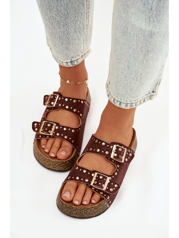 Women's Slippers with Golden Clips and Buttons Brown Tervina