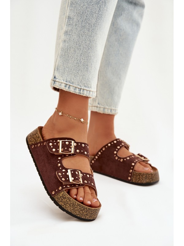 Women's Slippers with Golden Clips and Buttons Brown Tervina