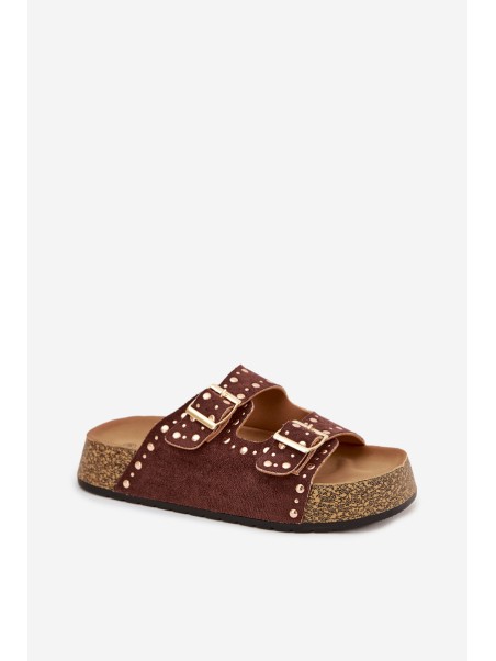 Women's Slippers with Golden Clips and Buttons Brown Tervina
