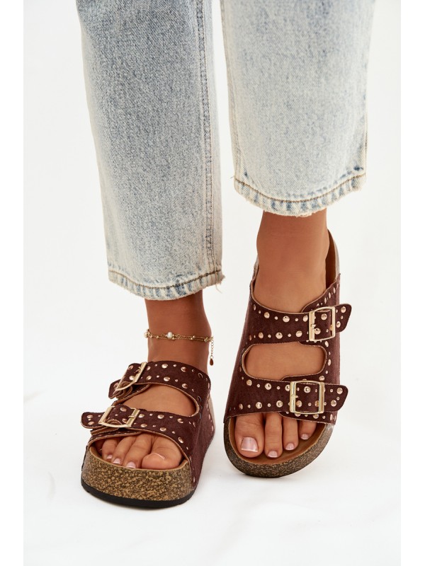 Women's Slippers with Golden Clips and Buttons Brown Tervina