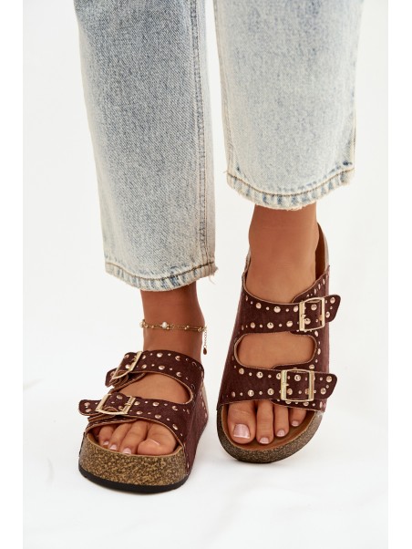 Women's Slippers with Golden Clips and Buttons Brown Tervina