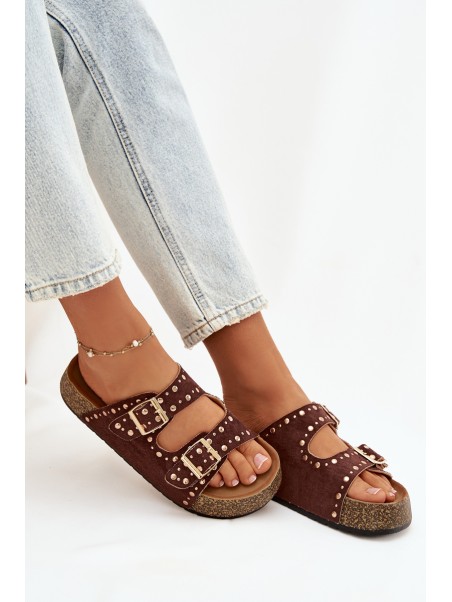Women's Slippers with Golden Clips and Buttons Brown Tervina