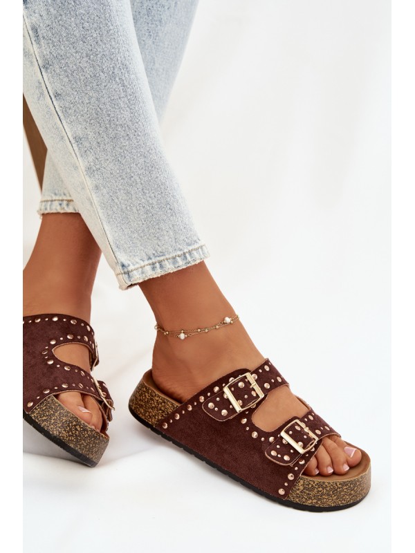 Women's Slippers with Golden Clips and Buttons Brown Tervina