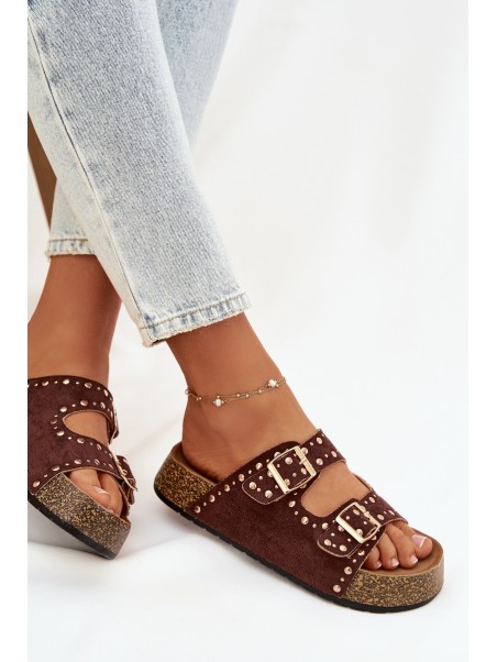 Women's Slippers with Golden Clips and Buttons Brown Tervina