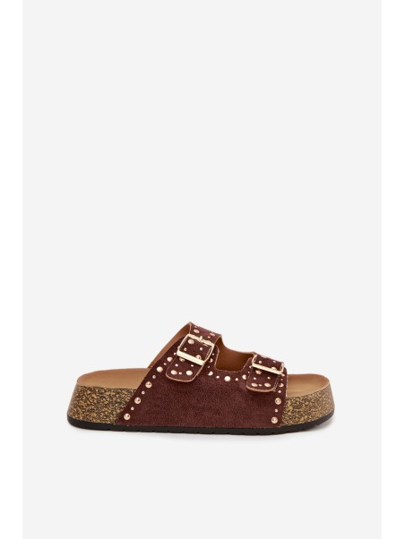 Women's Slippers with Golden Clips and Buttons Brown Tervina