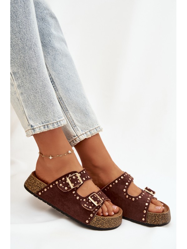 Women's Slippers with Golden Clips and Buttons Brown Tervina