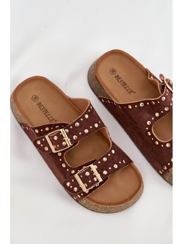 Women's Slippers with Golden Clips and Buttons Brown Tervina