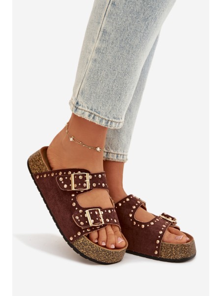 Women's Slippers with Golden Clips and Buttons Brown Tervina