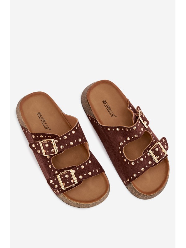 Women's Slippers with Golden Clips and Buttons Brown Tervina