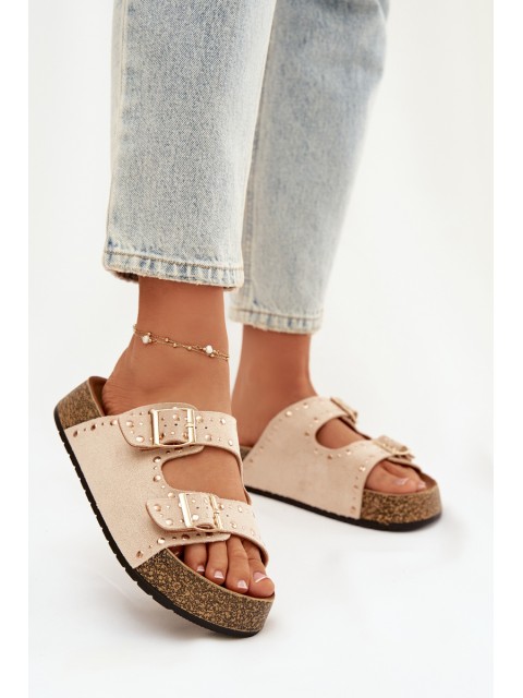 Women's Slippers With Gold Clamps And Buttons Jasnobeżowe Tervina
