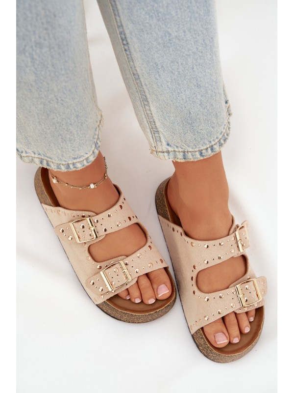 Moteriškos šlepetės su auksiniais spaustukais ir sagomis Jasnobeżowe Tervina