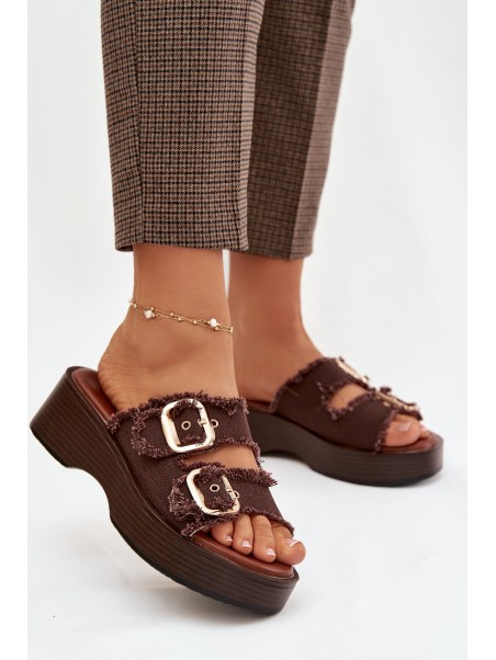 Women's Platform Slippers with Gold Clamps Chocolate Renelisse