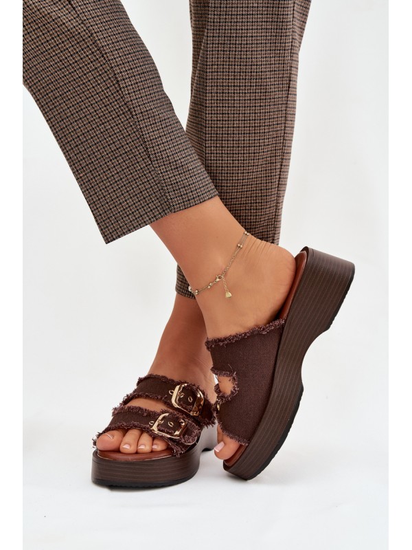 Women's Platform Slippers with Gold Clamps Chocolate Renelisse 2