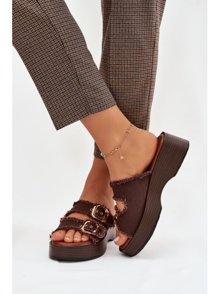 Women's Platform Slippers with Gold Clamps Chocolate Renelisse