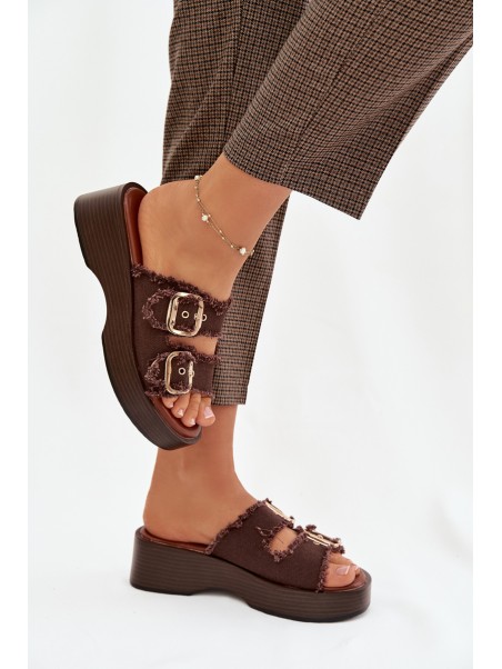 Women's Platform Slippers with Gold Clamps Chocolate Renelisse