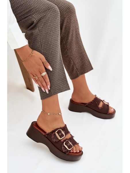 Women's Platform Slippers with Gold Clamps Chocolate Renelisse