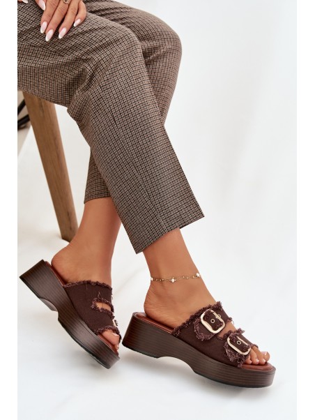 Women's Platform Slippers with Gold Clamps Chocolate Renelisse