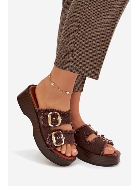 Women's Platform Slippers with Gold Clamps Chocolate Renelisse