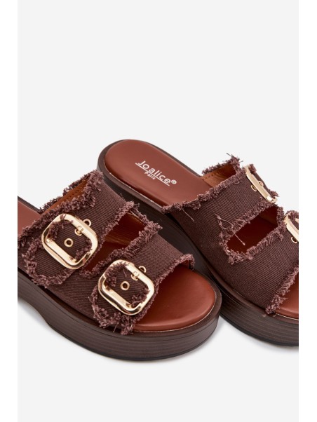 Women's Platform Slippers with Gold Clamps Chocolate Renelisse