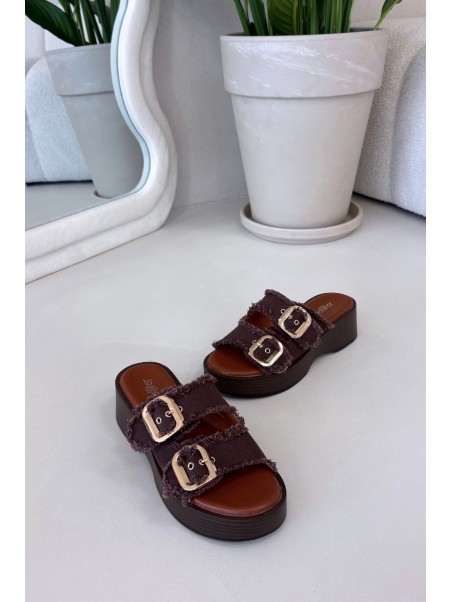 Women's Platform Slippers with Gold Clamps Chocolate Renelisse