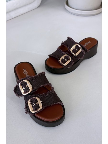 Women's Platform Slippers with Gold Clamps Chocolate Renelisse