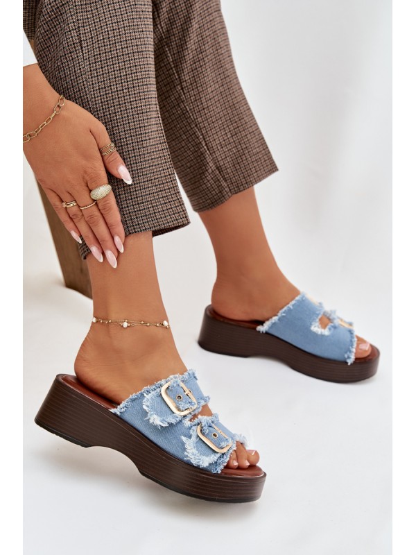 Women's Platform Slippers with Gold Clamps Blue Renelisse