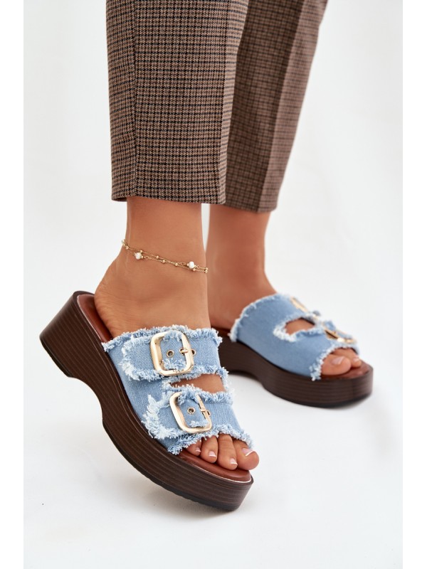 Women's Platform Slippers with Gold Clamps Blue Renelisse 2