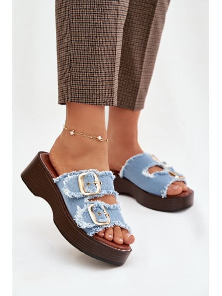 Women's Platform Slippers with Gold Clamps Blue Renelisse