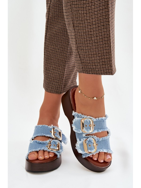 Women's Platform Slippers with Gold Clamps Blue Renelisse