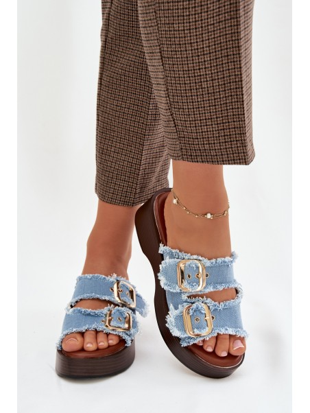 Women's Platform Slippers with Gold Clamps Blue Renelisse