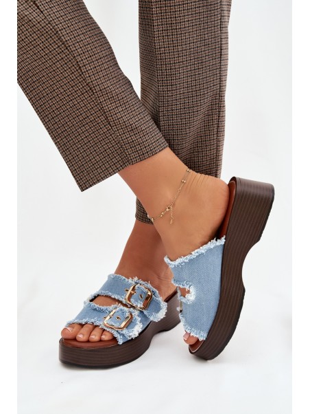 Women's Platform Slippers with Gold Clamps Blue Renelisse