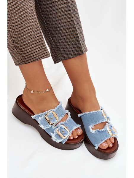 Women's Platform Slippers with Gold Clamps Blue Renelisse