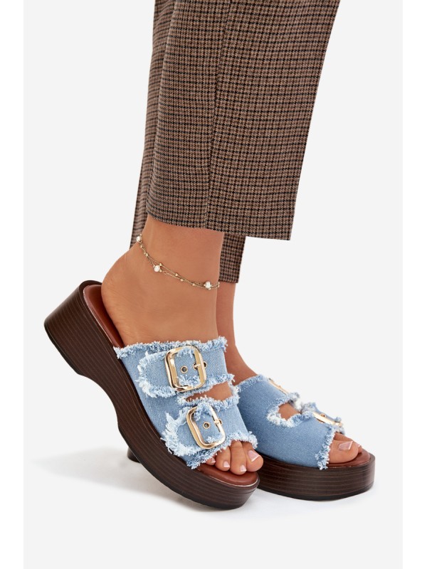 Women's Platform Slippers with Gold Clamps Blue Renelisse