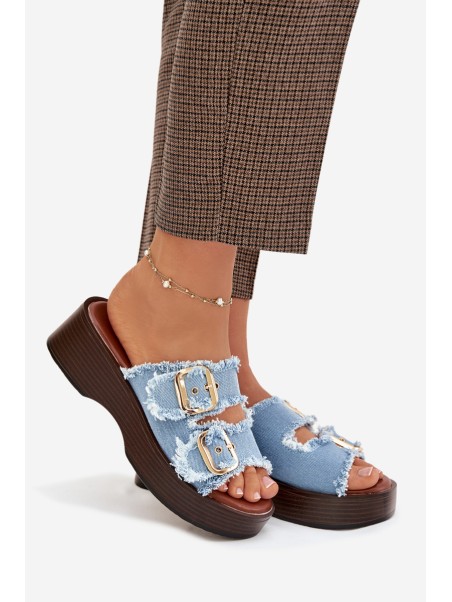 Women's Platform Slippers with Gold Clamps Blue Renelisse