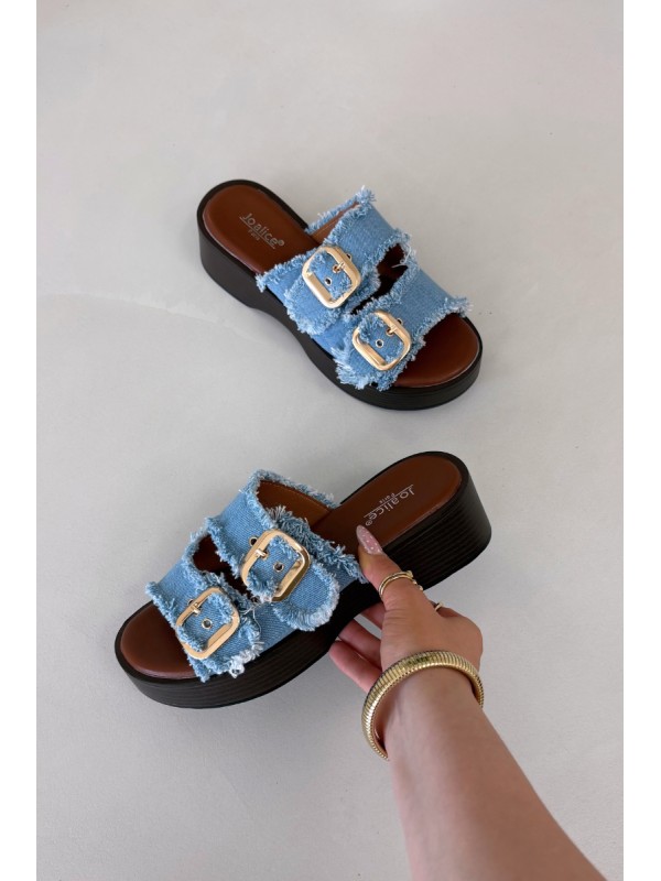 Women's Platform Slippers with Gold Clamps Blue Renelisse