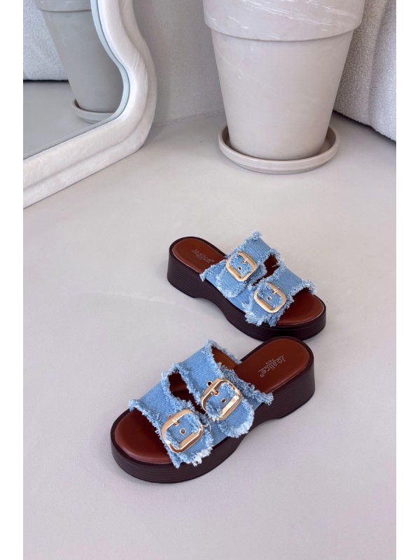 Women's Platform Slippers with Gold Clamps Blue Renelisse