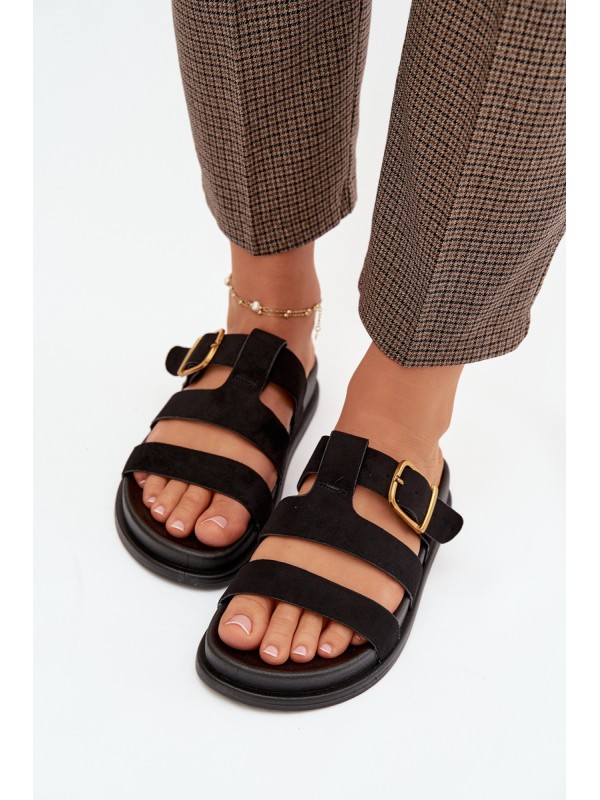 Women's Slippers With Straps And Gold Buckle Black Ulirissa