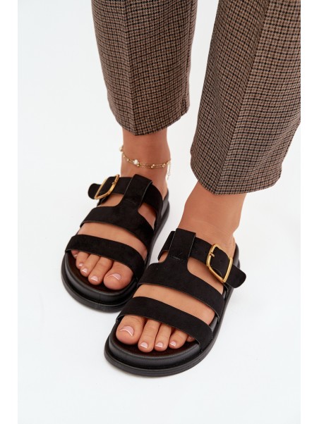 Women's Slippers With Straps And Gold Buckle Black Ulirissa
