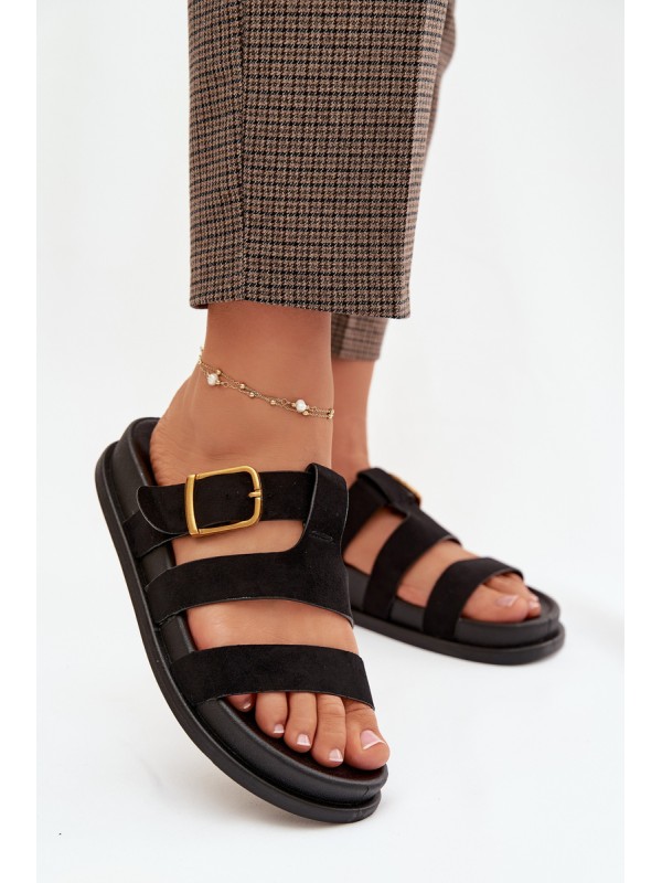 Women's Slippers With Straps And Gold Buckle Black Ulirissa