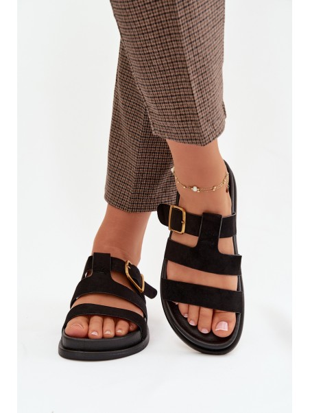 Women's Slippers With Straps And Gold Buckle Black Ulirissa