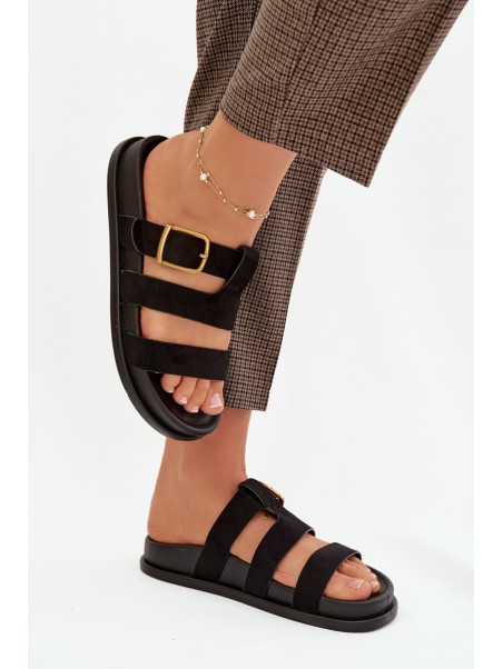 Women's Slippers With Straps And Gold Buckle Black Ulirissa