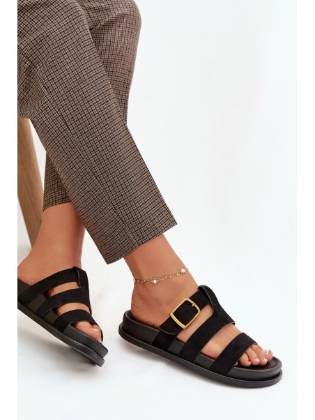 Women's Slippers With Straps And Gold Buckle Black Ulirissa