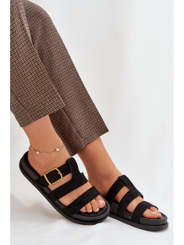 Women's Slippers With Straps And Gold Buckle Black Ulirissa