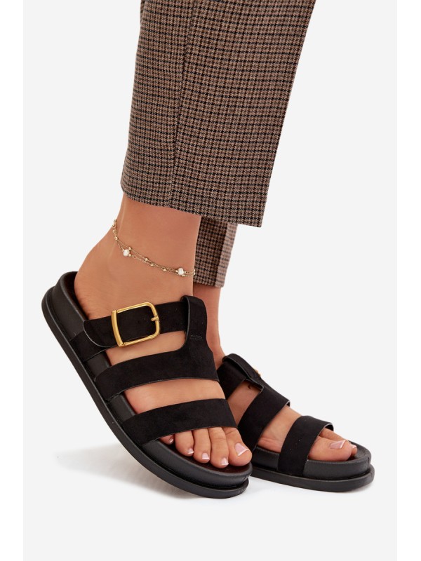 Women's Slippers With Straps And Gold Buckle Black Ulirissa