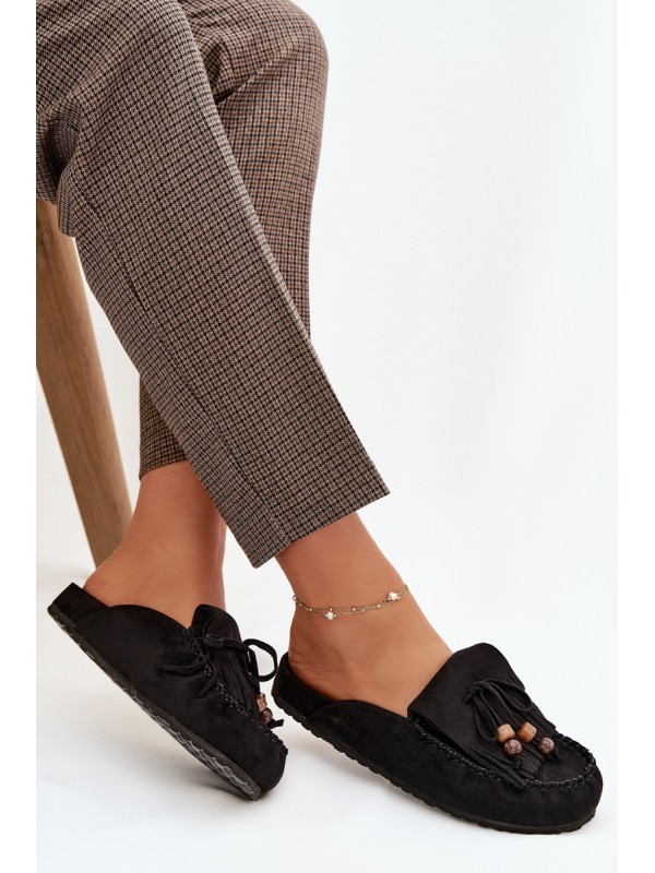 Women's Mules with Fringes and Beads Black Belissa