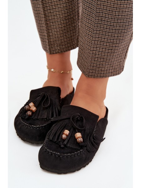 Women's Mules with Fringes and Beads Black Belissa